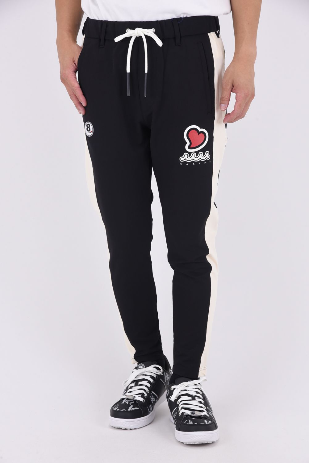【25AW】 ACANTHUS * MUTA MARINE SWEET LOGO SIDELINE PANTS / サイドライン ハートロゴ ロングパンツ (ブラック/ホワイト)