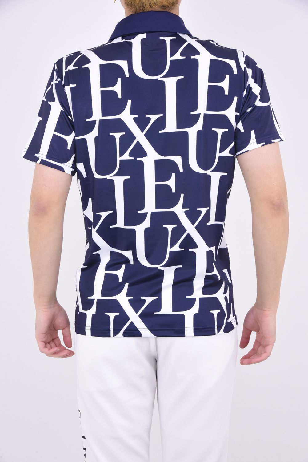 LUXE PATTERN POLO SHIRTS / 総柄ロゴ 半袖ポロシャツ ネイビー
