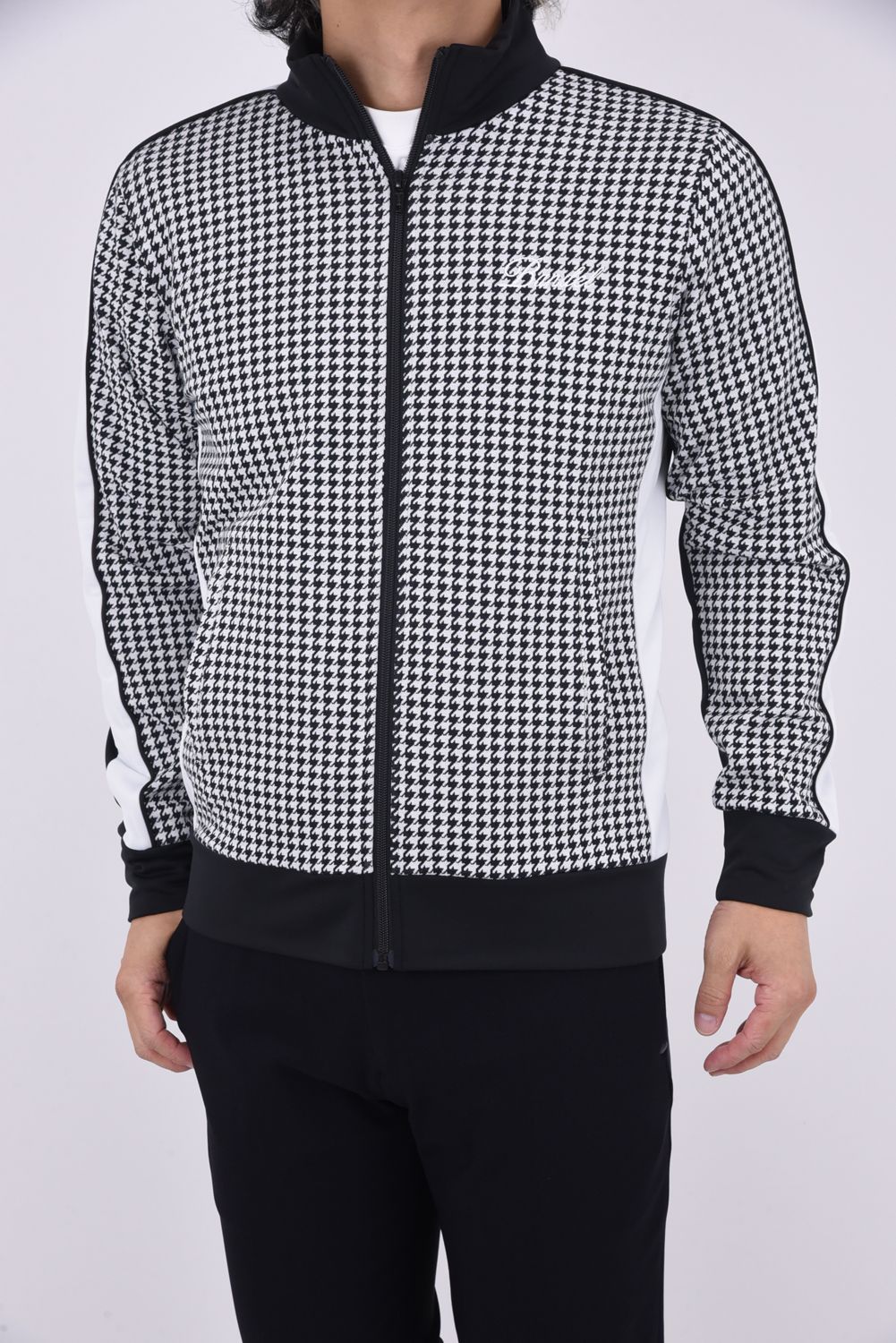 BANDEL GOLF - HOUNDSTOOTH BICOLOR BLOUSON / 千鳥格子柄 バイカラー ジップブルゾン (ブラック) |  GOSSIP GOLF