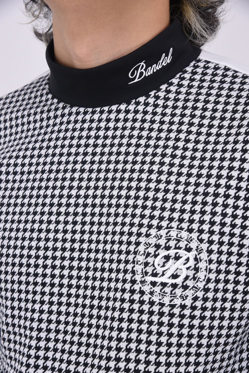 HOUNDSTOOTH BICOLOR L/S MOC SHIRTS / 千鳥格子柄 バイカラー ロングスリーブ モックネックシャツ (ブラック)