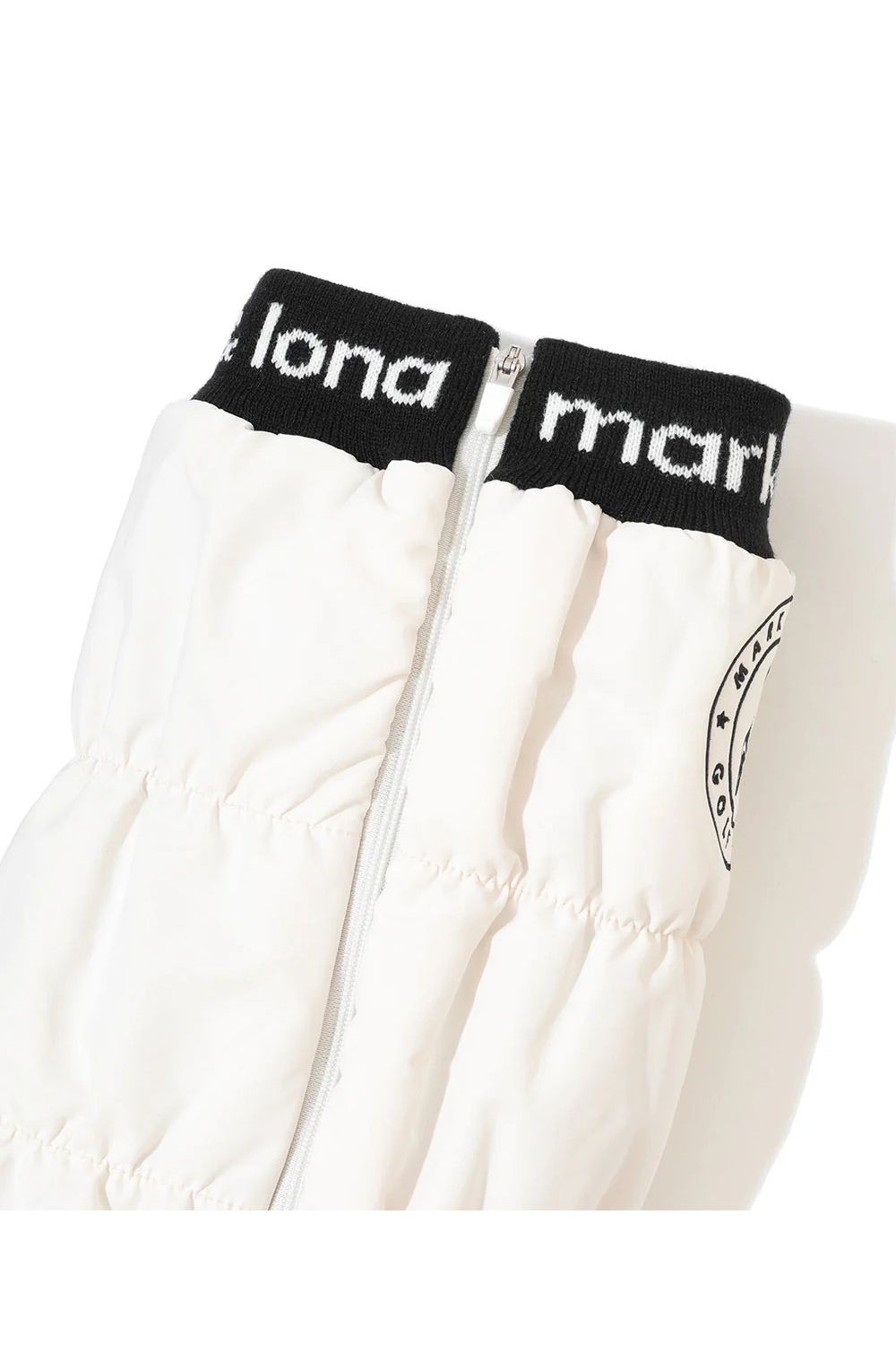 NODE PUFFY ZIP ON LEG WARMERS / サークルスカル刺繍 裏ボア レッグウォーマー (ホワイト)