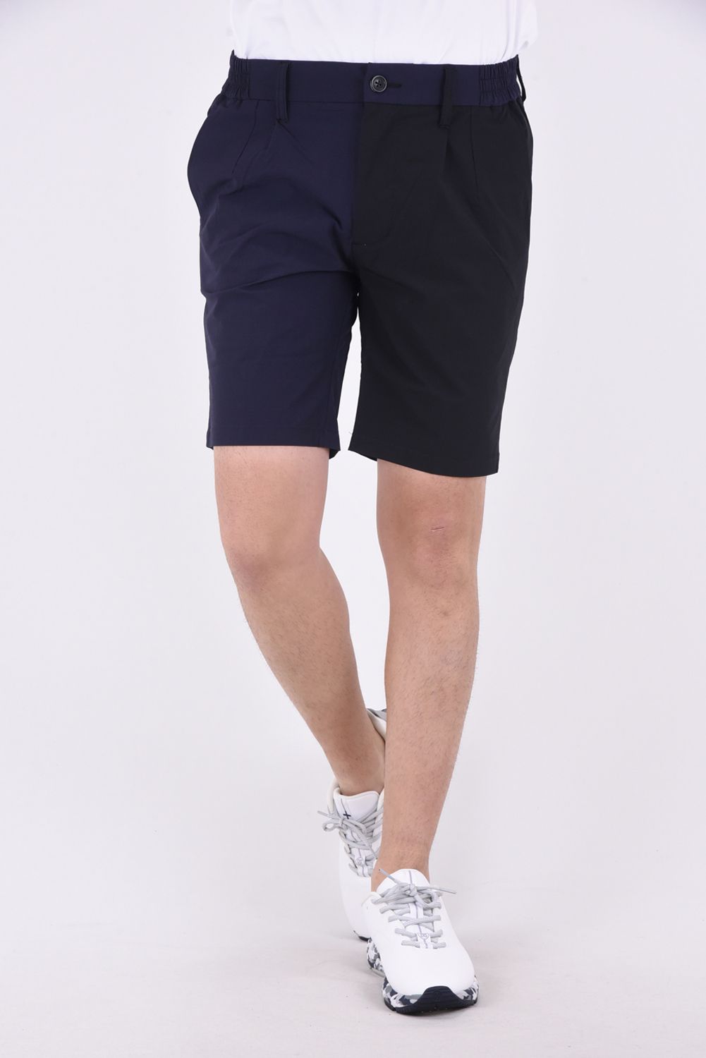 LUXEAKMPLUS - BICOLOR SHORT PANTS / バイカラー ナイロンストレッチ スリムフィット ショートパンツ (ブラック)  | GOSSIP GOLF