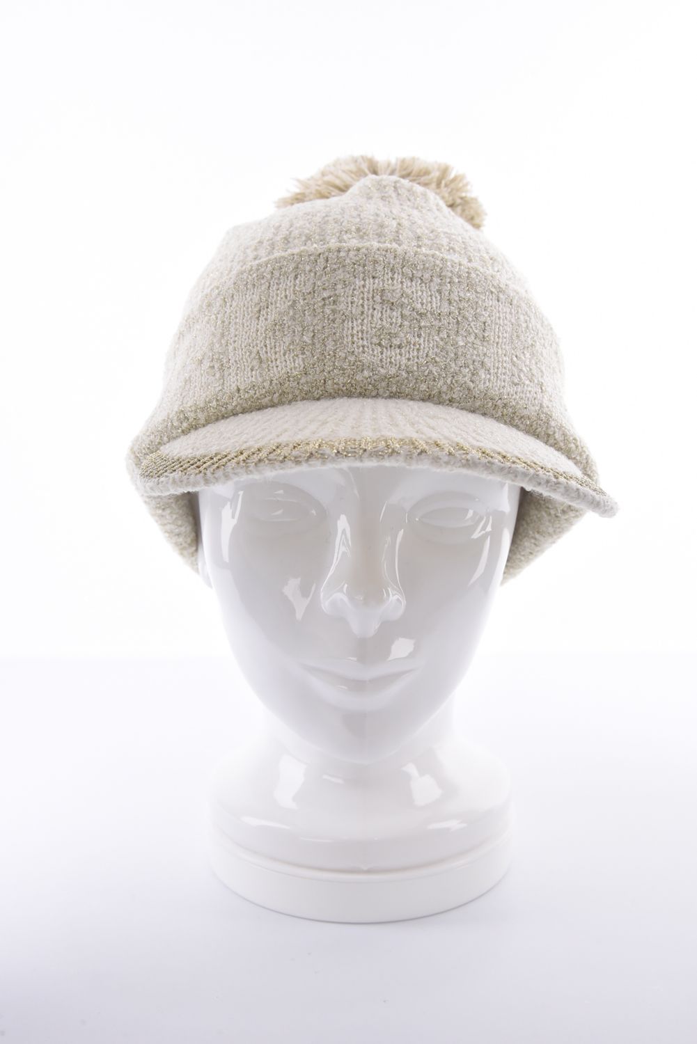 【レディース】 SCOPE POM VISOR BEANIE / ラメ糸 ブランドロゴジャカード 梵天付きニットキャップ (ベージュ)