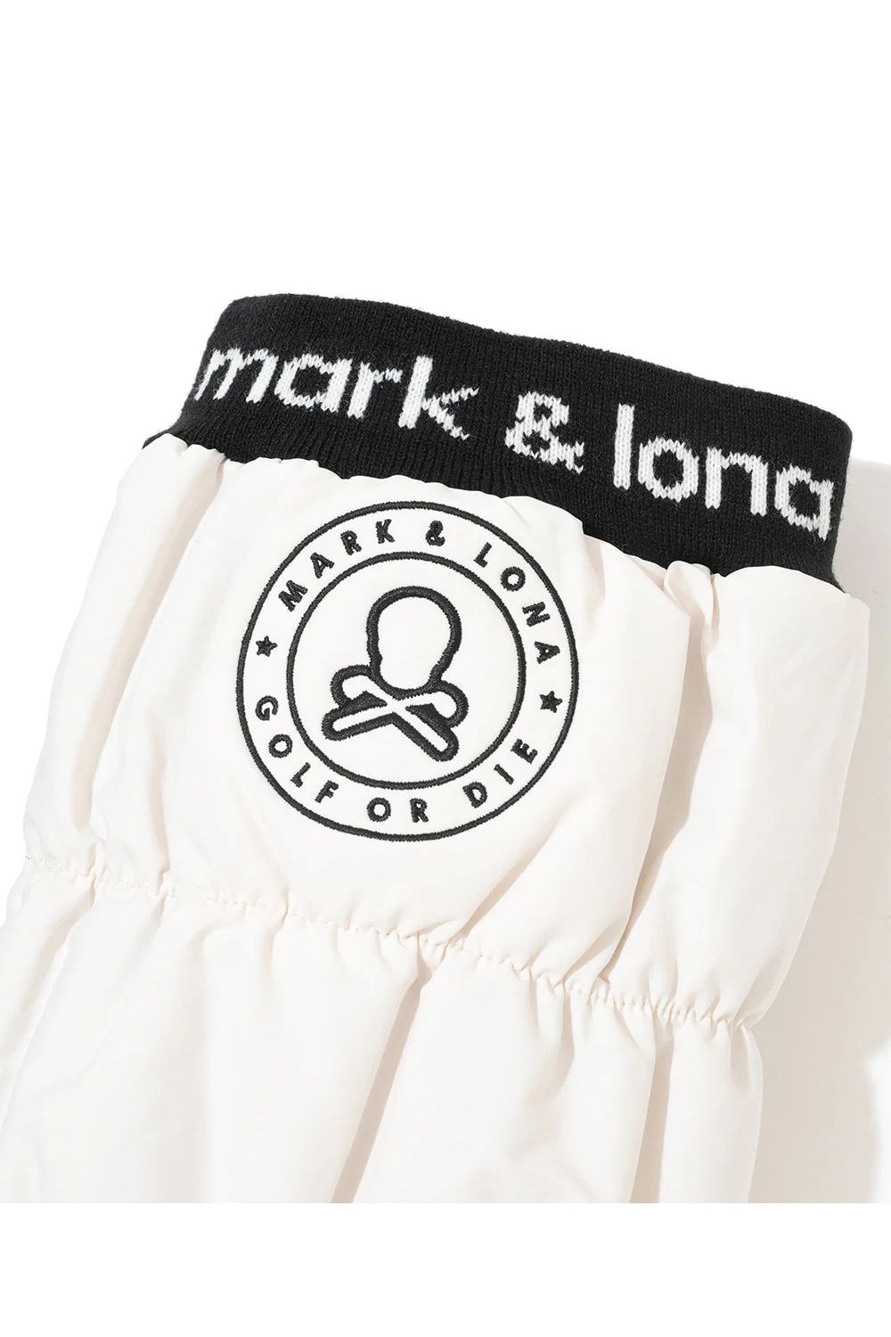 NODE PUFFY ZIP ON LEG WARMERS / サークルスカル刺繍 裏ボア レッグウォーマー (ホワイト)