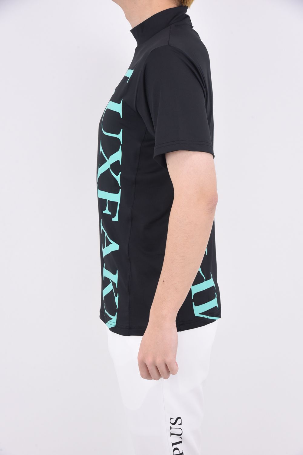 VERTICAL LOGO MOCK NECK T-SHIRTS / バーチカルロゴ モックネック Tシャツ (ブラック/ブルー)