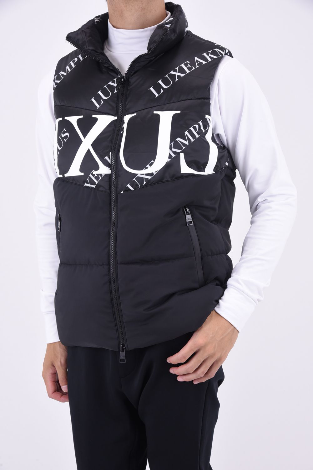 BICOLOR CIRCLE LOGO VEST / バイカラー 総柄 中綿ベスト (ブラック/ブラック)