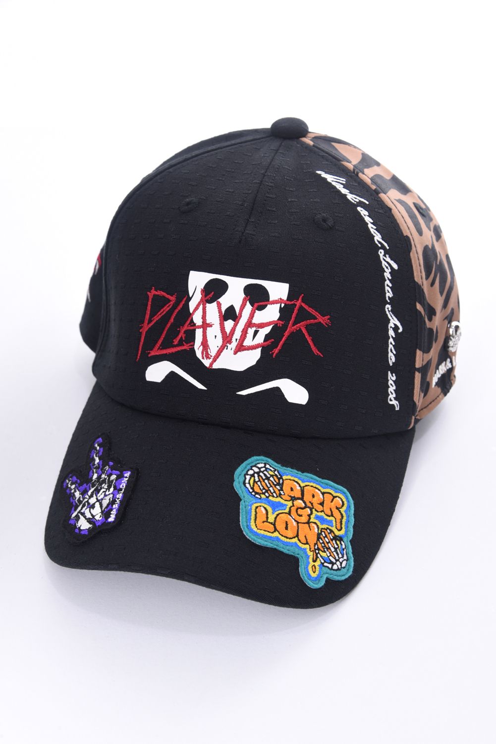 SLASH CAP / ブランドロゴ刺繍 レオパードパターン ベースボールキャップ (ブラック)
