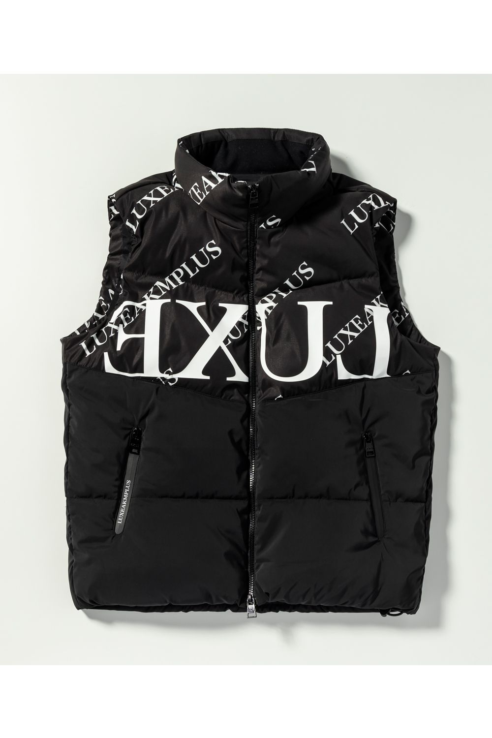 BICOLOR CIRCLE LOGO VEST / バイカラー 総柄 中綿ベスト (ブラック/ブラック)