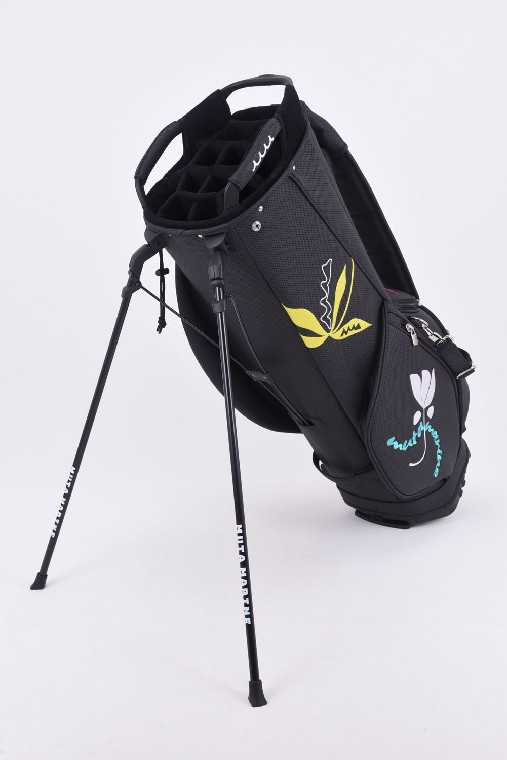 【26SS】【銀行振込・代金引換不可】【返品・交換不可】 CADDY BAG & HEAD COVER / パンチングエシカルレザー フローラルモチーフ刺繍 スタンドタイプ キャディバッグ&ヘッドカバーセット (ブラック)