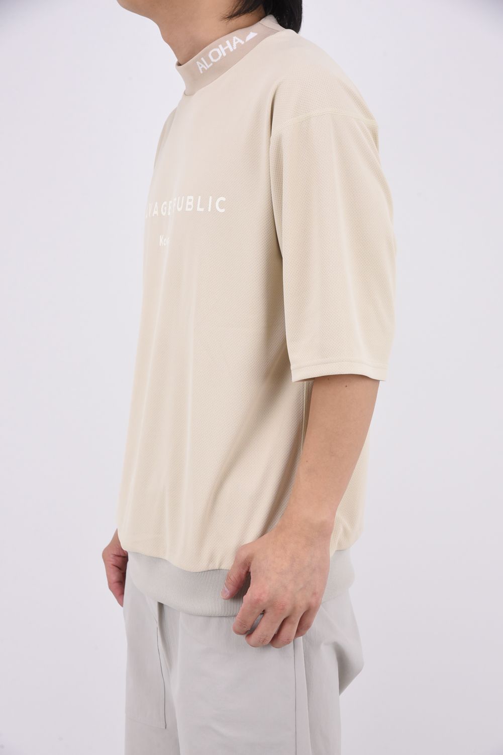 【26SS】 JQ Ribbed Mockneck S/S(EXELLENCE) / ブランドロゴ 裾リブ ハーフスリーブ モックネックTシャツ (ベージュ)