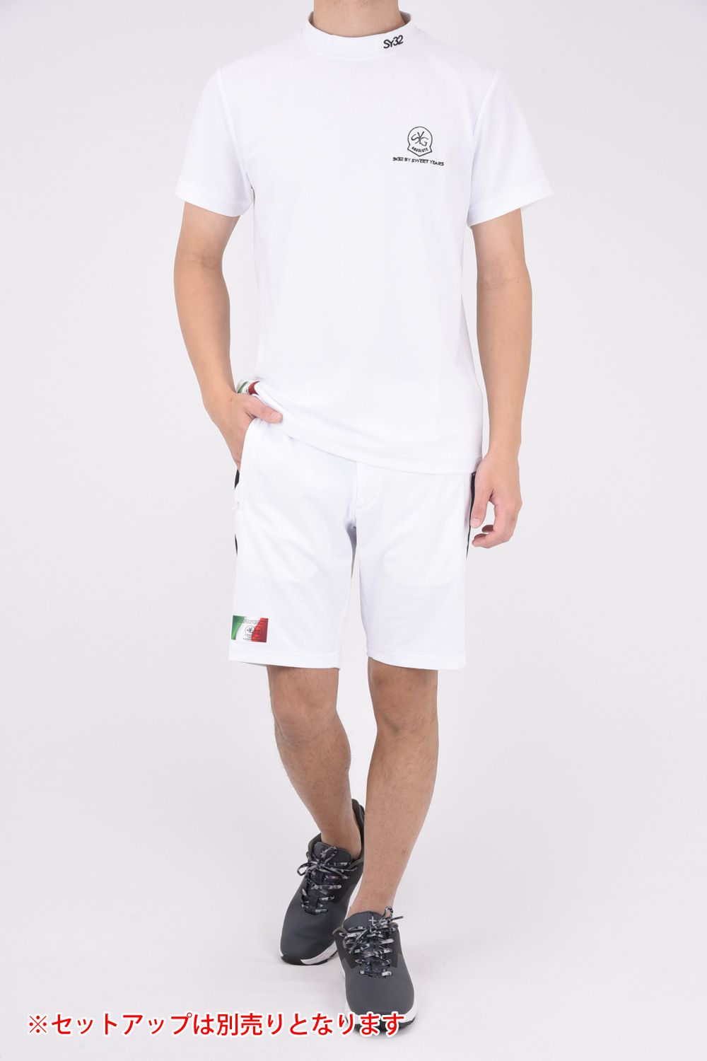 【ABSOLUTE】 CARVICO PANTELLERIA MOCK / ロゴ カルビコ ストレッチ 半袖 モックネック Tシャツ (ホワイト)
