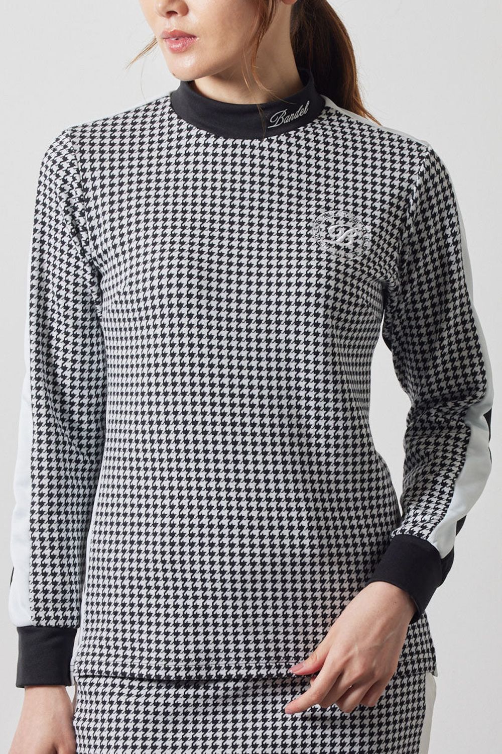 【レディース】 HOUNDSTOOTH BICOLOR L/S MOC SHIRTS / 千鳥格子柄 バイカラー ロングスリーブ モックネックシャツ (ブラック)