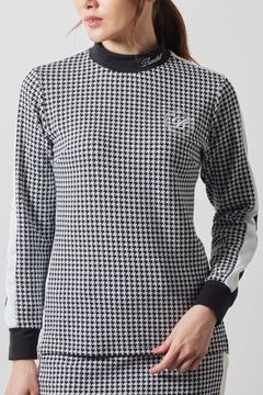 【レディース】 HOUNDSTOOTH BICOLOR L/S MOC SHIRTS / 千鳥格子柄 バイカラー ロングスリーブ モックネックシャツ (ブラック)