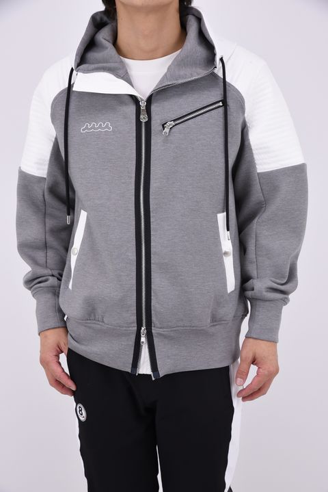 【26AW】【muta MARINE * ACANTHUS】 DOUBLE-KNIT BIKER PARKA / ダンボールニット バイカラー ジップアップバイカーパーカー (グレー)