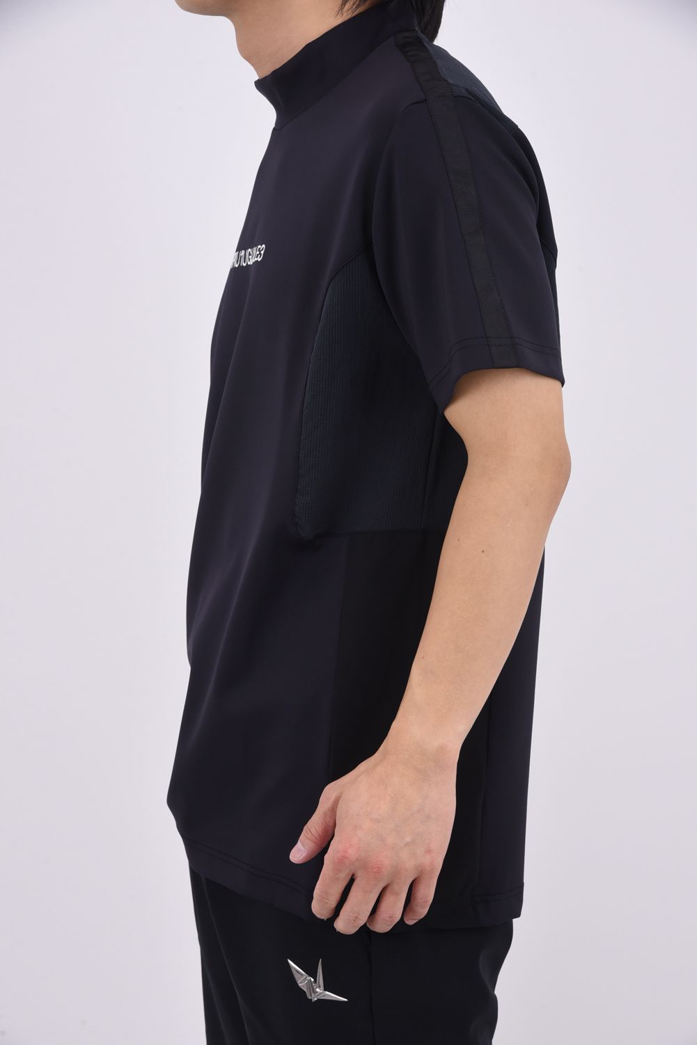 【26SS】 SWITCHING MOCK NECK  / 異素材切り替え ドットエア モックネックTシャツ (ブラック)