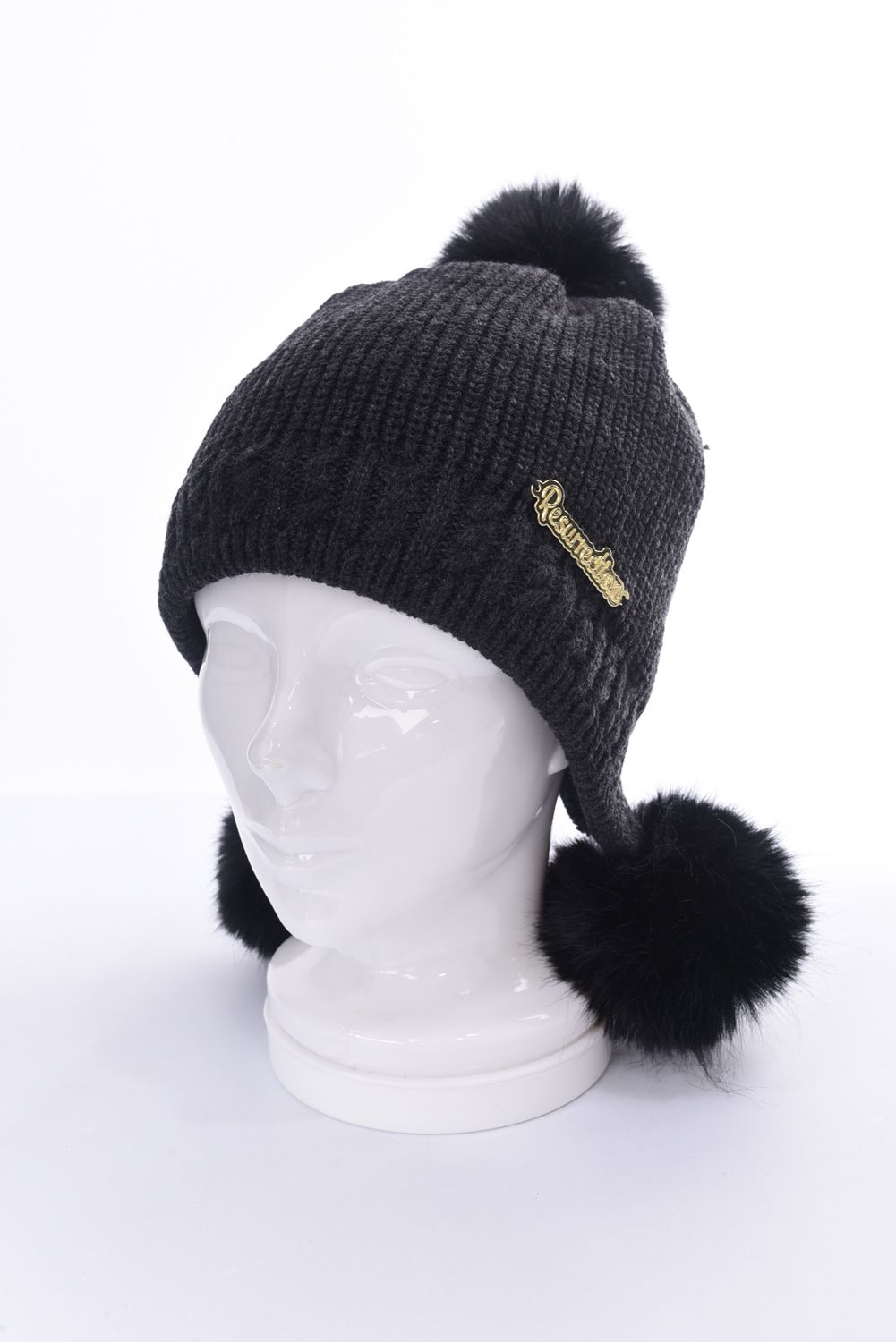TRIPLE POMPOM KNIT CAP / ブランドロゴ ポンポン ニットキャップ (チャコール)