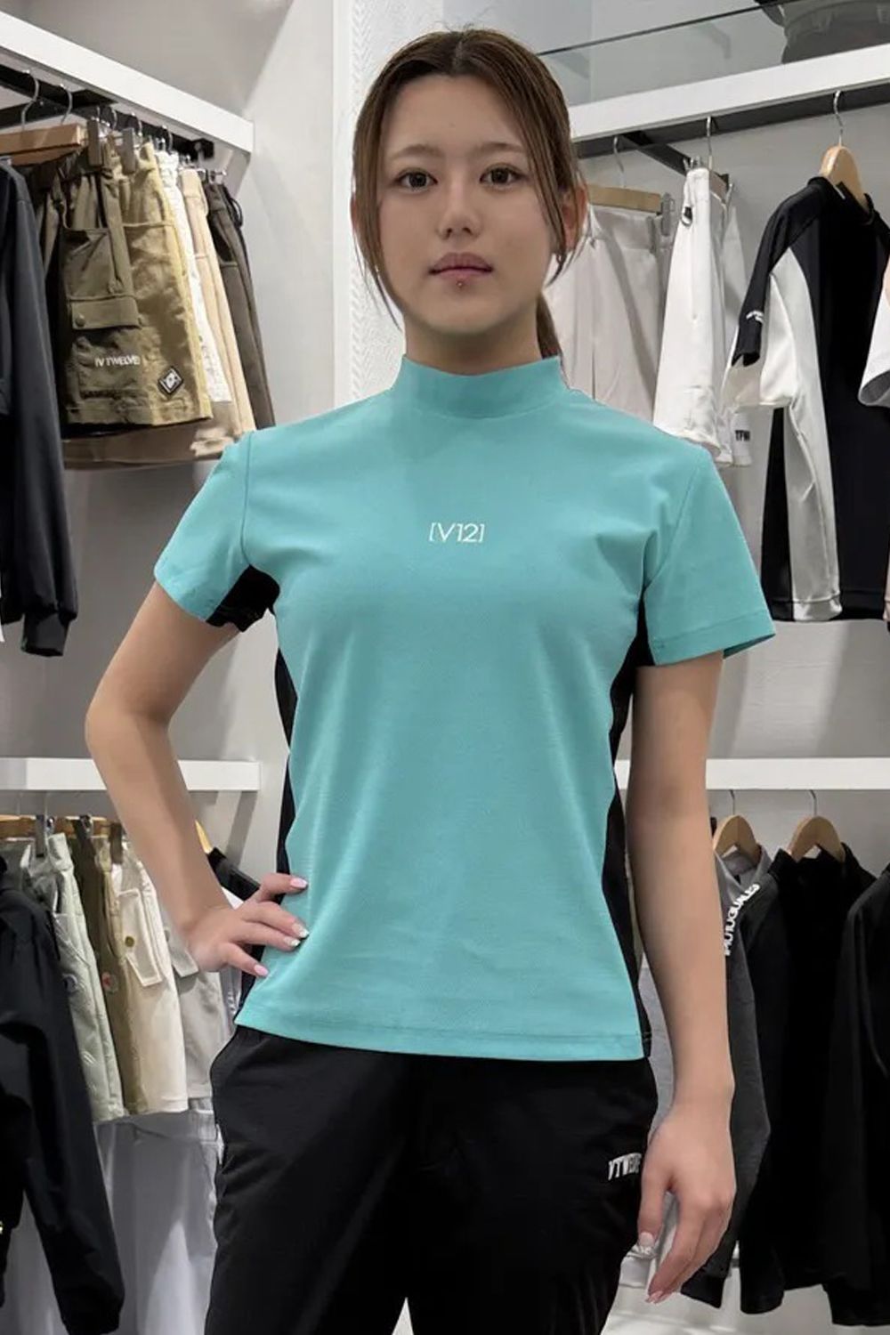 【26SS】 【レディース】 EXP MOCK / メッセージプリント バイカラー モックネックTシャツ (ターコイズ)