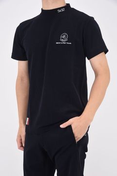 【ABSOLUTE】 CARVICO PANTELLERIA MOCK / ロゴ カルビコ ストレッチ 半袖 モックネック Tシャツ (ブラック)