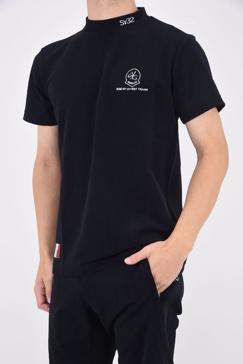 【ABSOLUTE】 CARVICO PANTELLERIA MOCK / ロゴ カルビコ ストレッチ 半袖 モックネック Tシャツ (ブラック)
