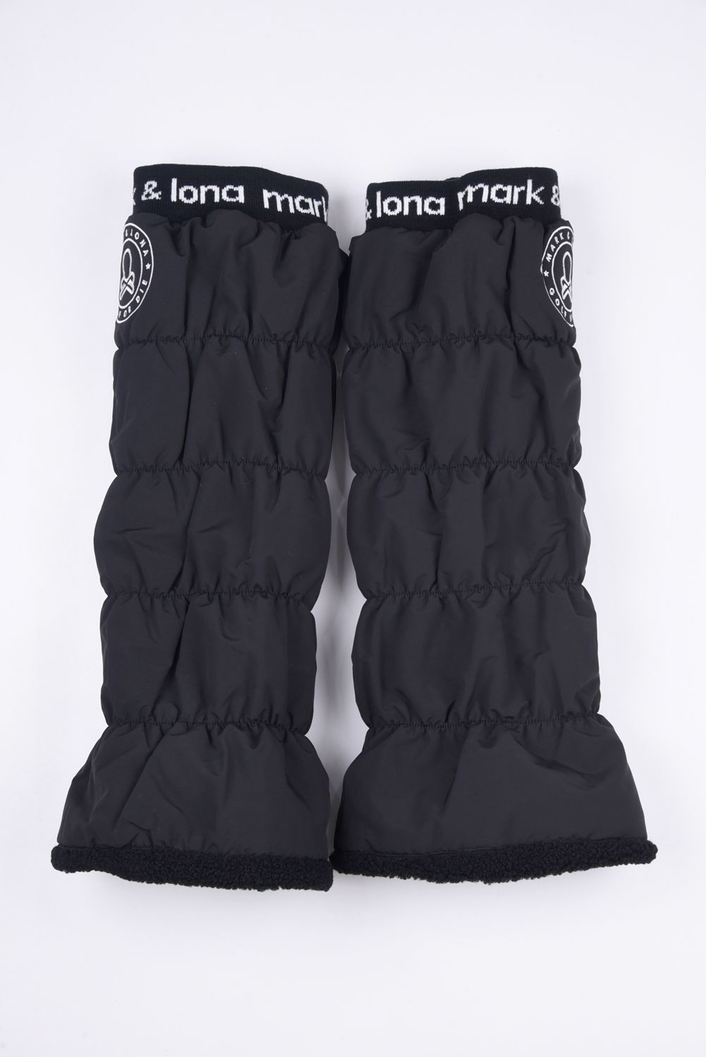 NODE PUFFY ZIP ON LEG WARMERS / サークルスカル刺繍 裏ボア レッグウォーマー (ブラック)