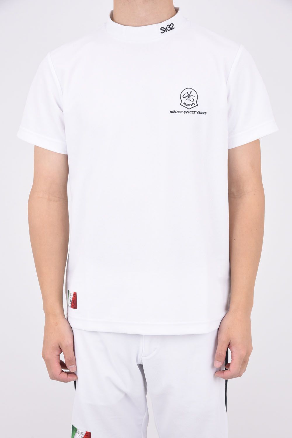 【ABSOLUTE】 CARVICO PANTELLERIA MOCK / ロゴ カルビコ ストレッチ 半袖 モックネック Tシャツ (ホワイト)