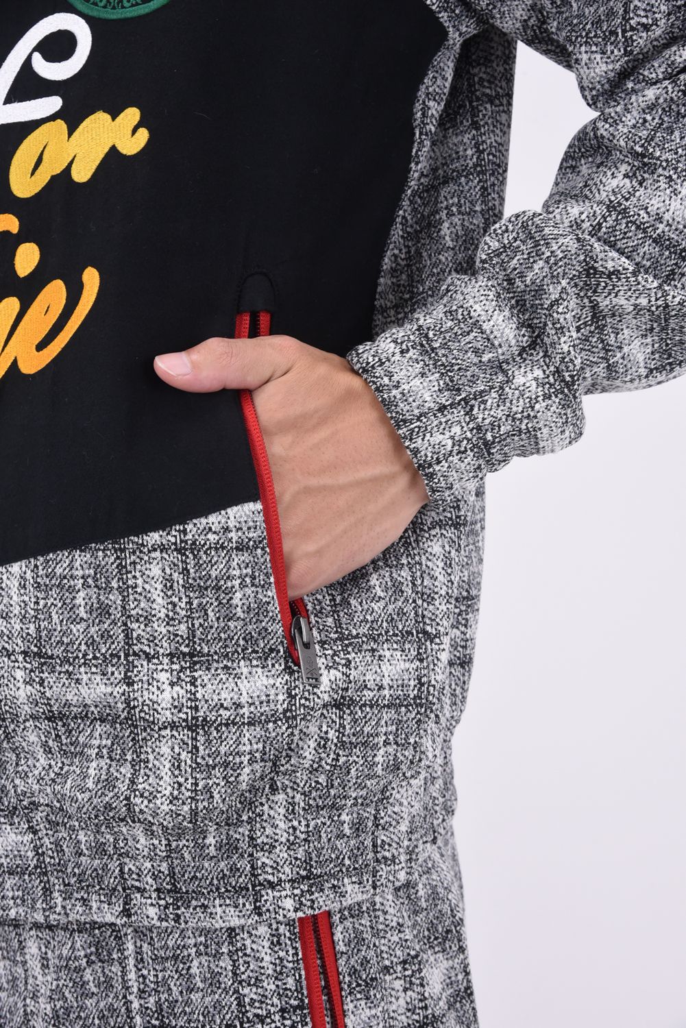 G.O.D CLASSIC JACKET / オリジナルチェック柄 デザイン刺繍 ハイネックリブジャージー (グレー)