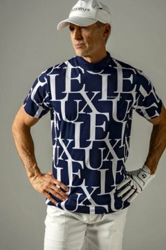 LUXE PATTERN MOCK NECK T-SHIRTS / 総柄ロゴ 半袖 モックネック Tシャツ ネイビー