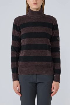 【25AW】【レディース】 ボーダー柄モールタートルネックセーター (ブラウン)
