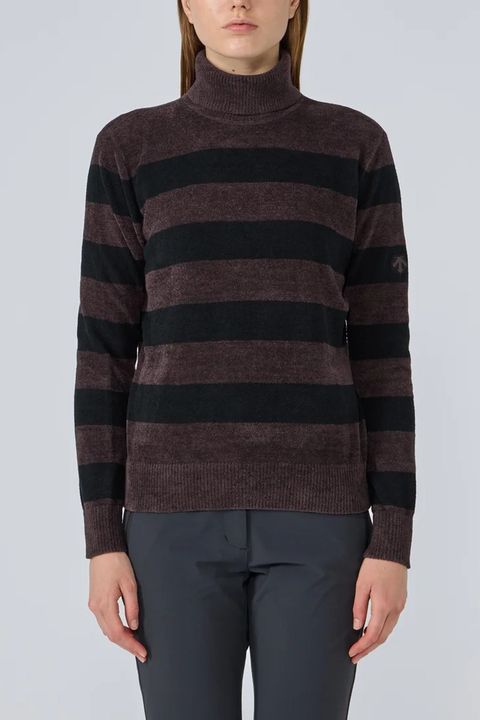 【25AW】【レディース】 ボーダー柄モールタートルネックセーター (ブラウン)