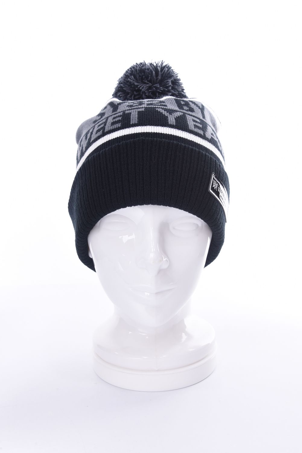 SY BONBON KNIT CAP / ジャカードロゴ ボンボン付き ニットキャップ ブラック*