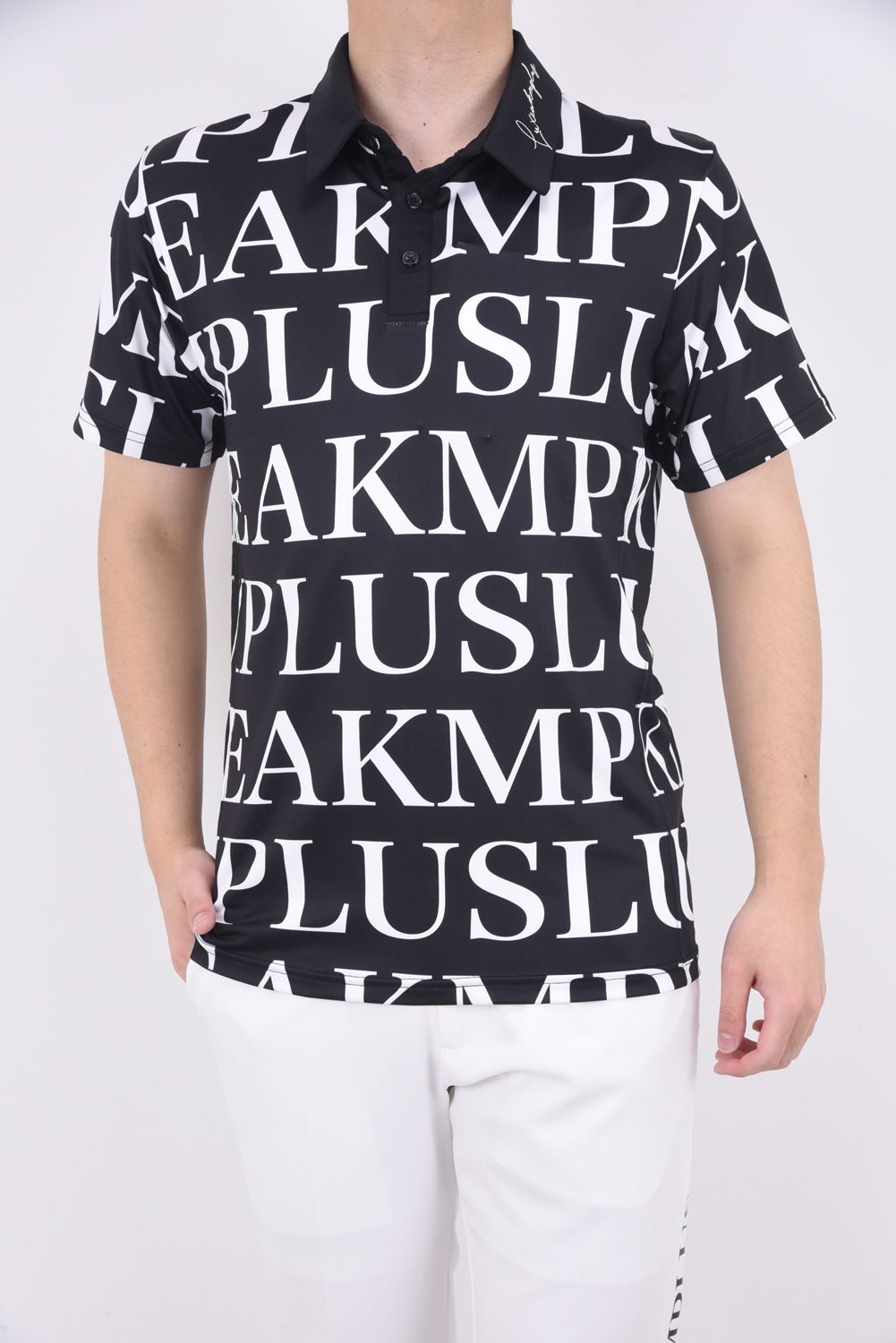 HORIZONTAL PATTERN LOGO POLO SHIRTS / 襟ロゴ 総柄 半袖ポロシャツ (ブラック)