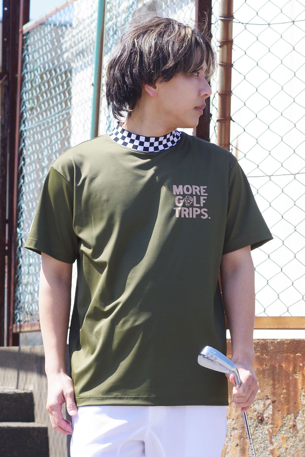【25SS】 MORE TRIP CHECKER RIB MOCK TEE / モアトリップ プリント モックネック (オリーブ)