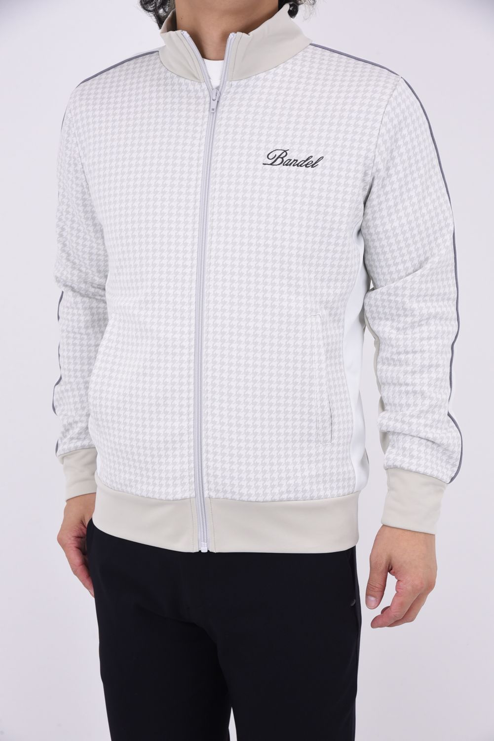 BANDEL GOLF - HOUNDSTOOTH BICOLOR BLOUSON / 千鳥格子柄 バイカラー ジップブルゾン (グレージュ) |  GOSSIP GOLF