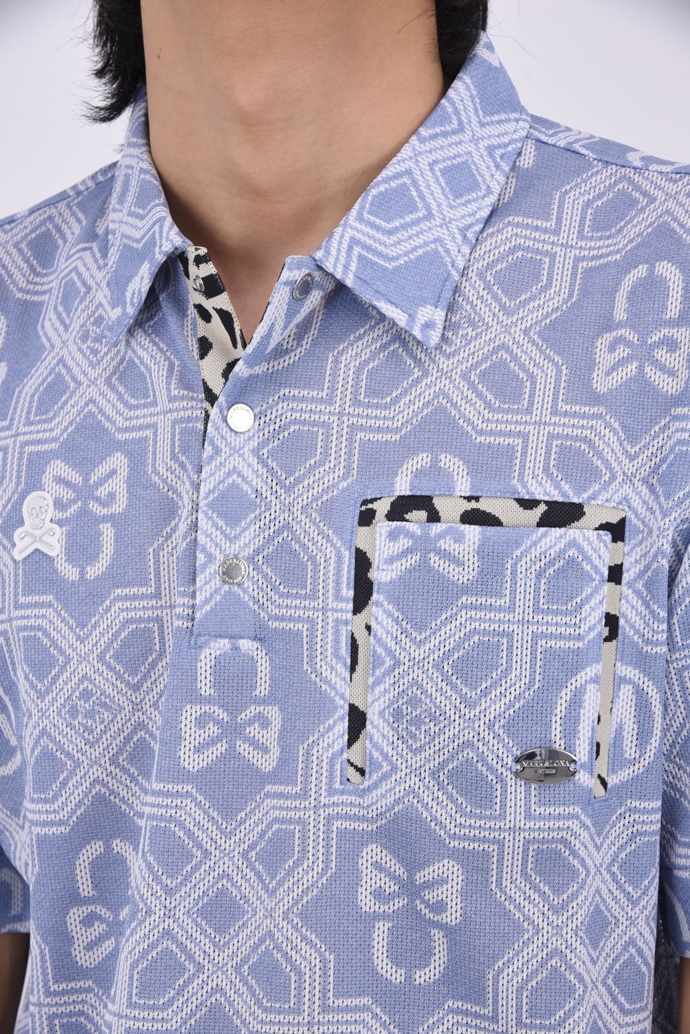 【26SS】 DOMINANT MESH SHIRT / ジオメトリックパターン総柄 ジャパンメイド メッシュポロシャツ (サックス)