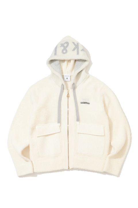 【26AW】【レディース】 PLUSH BOUCLE KNIT HOODIE / ブランクスカル刺繍 プラッシュ ブークレ ニットフーディー (ホワイト）