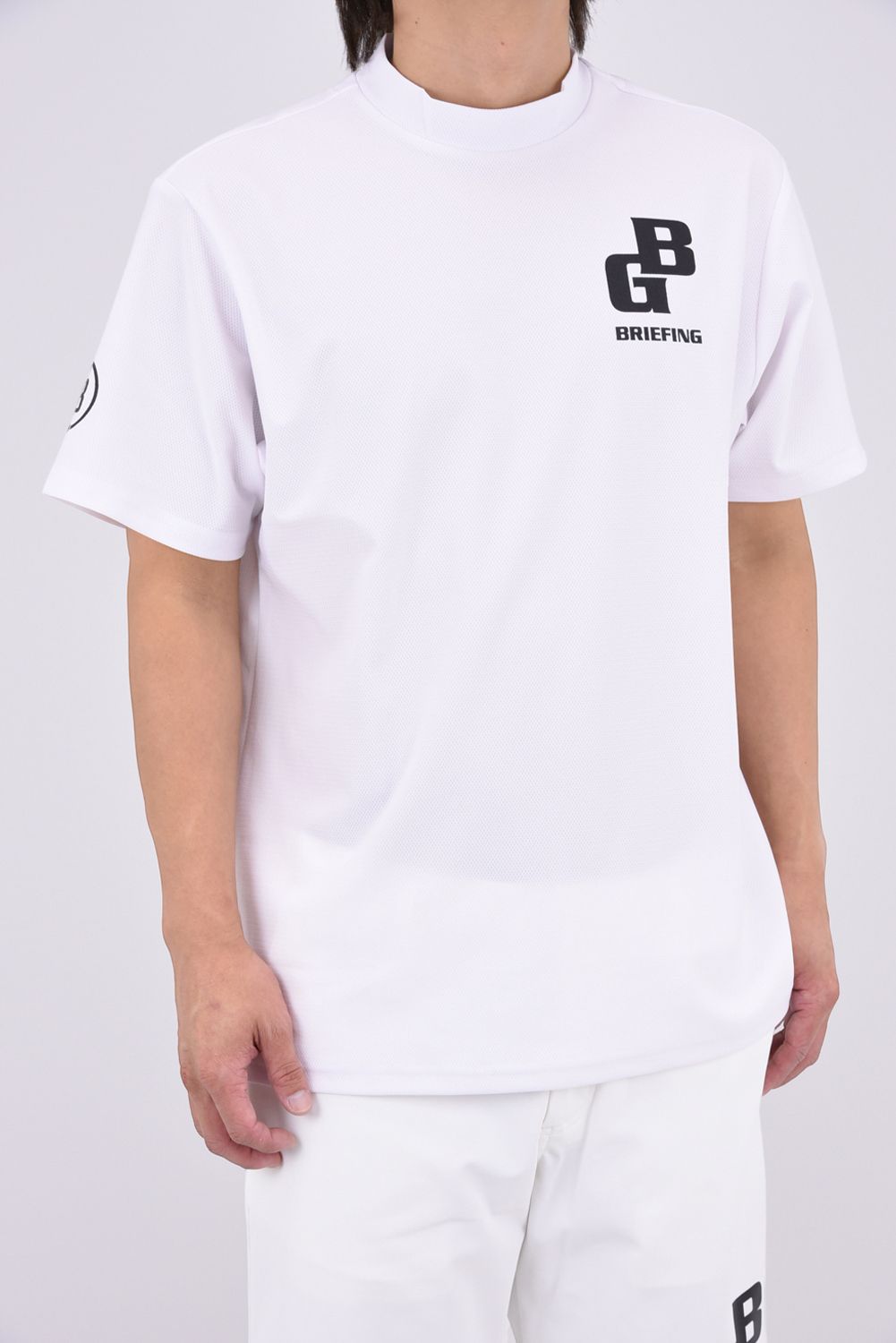 【26AW】 MEN’S EARTH MESH HIGHNECK / ストレッチメッシュ生地 BGロゴプリント モックネックTシャツ (ホワイト)