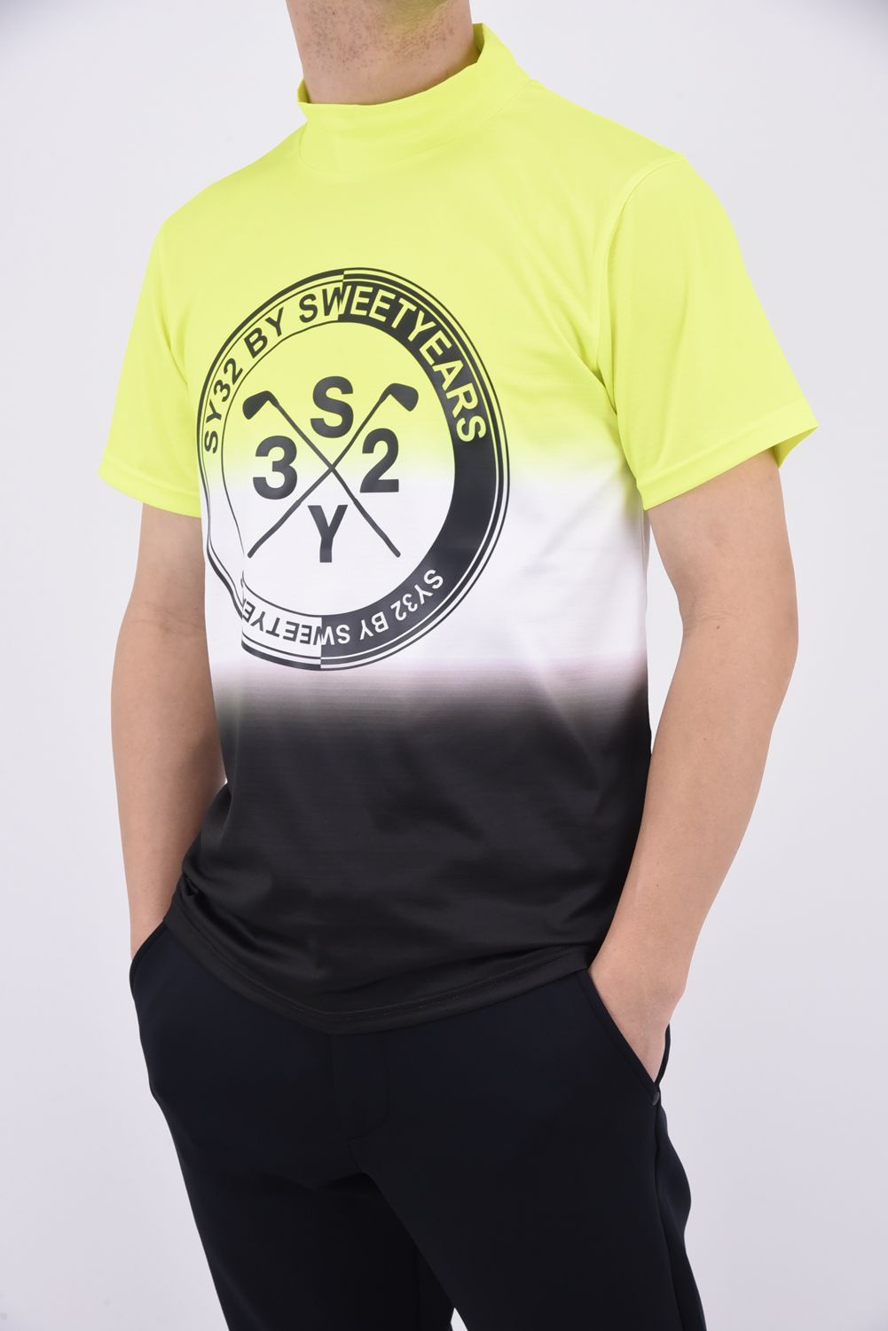 GRADATION CROSS LOGO MOCK / グラデーション 昇華プリント ストレッチ モックネック Tシャツ (イエロー)