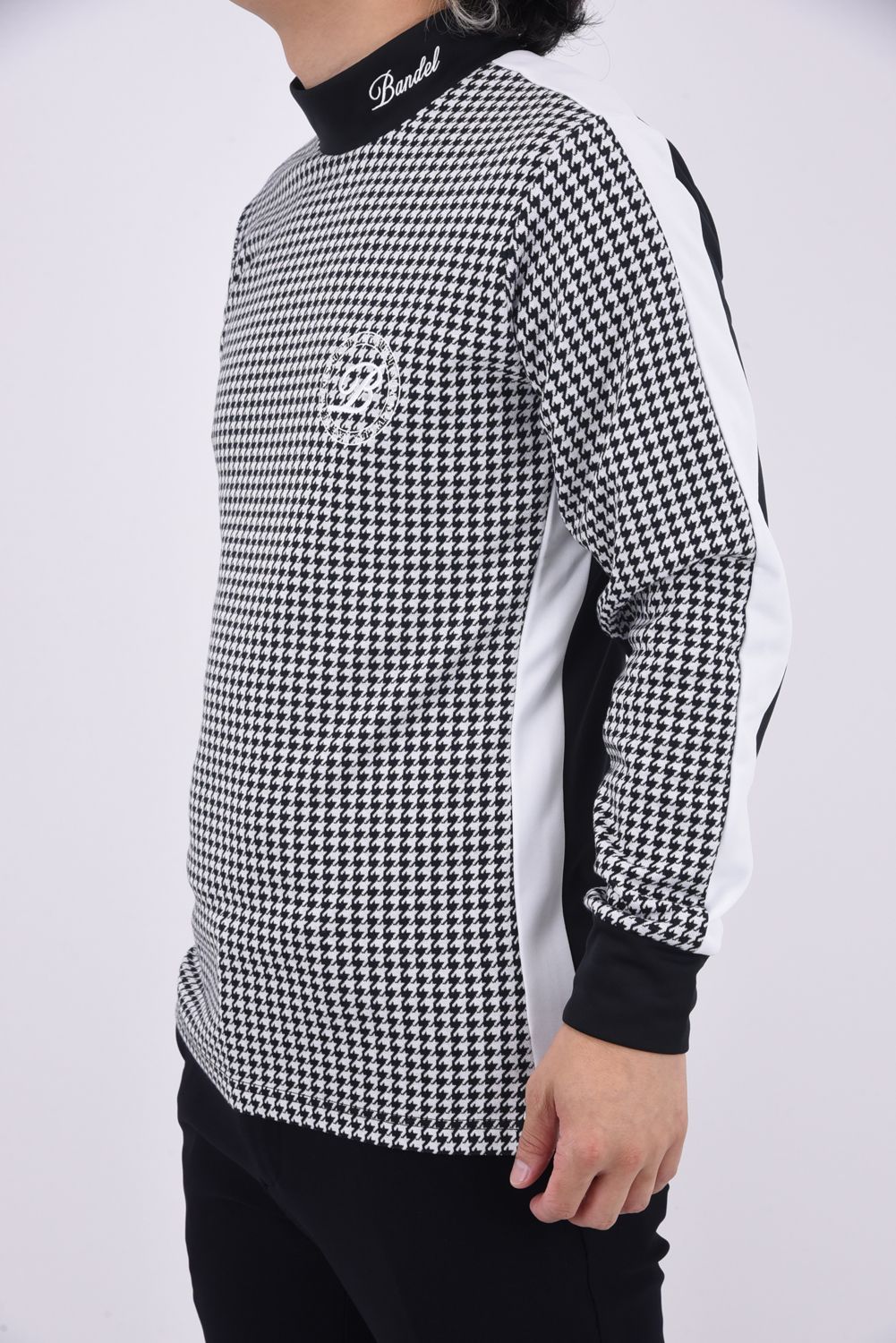 HOUNDSTOOTH BICOLOR L/S MOC SHIRTS / 千鳥格子柄 バイカラー ロングスリーブ モックネックシャツ (ブラック)