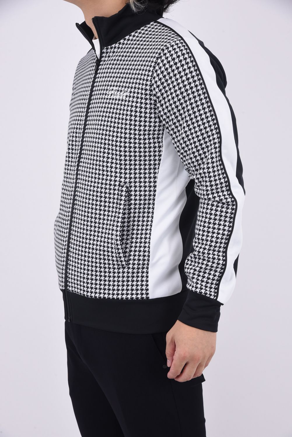 HOUNDSTOOTH BICOLOR BLOUSON / 千鳥格子柄 バイカラー ジップブルゾン (ブラック)