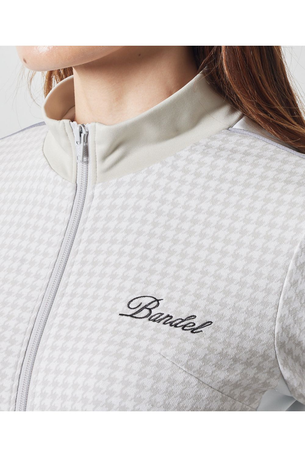 【レディース】 HOUNDSTOOTH BICOLOR BLOUSON / 千鳥格子柄 バイカラー ジップブルゾン (グレージュ)