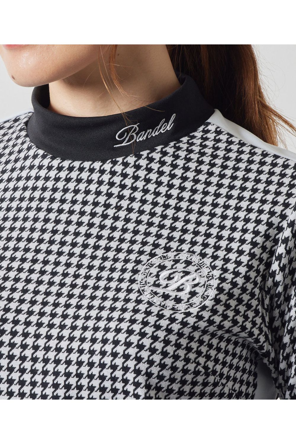 【レディース】 HOUNDSTOOTH BICOLOR L/S MOC SHIRTS / 千鳥格子柄 バイカラー ロングスリーブ モックネックシャツ (ブラック)