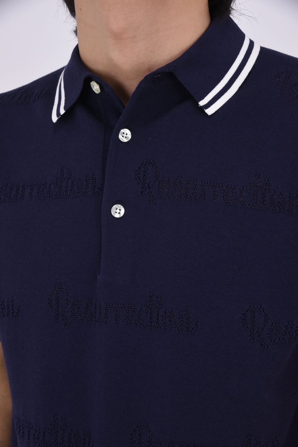 【26SS】 MESH LOGO KNIT POLO / メッシュ編み ライン ニットポロシャツ (ネイビー)*