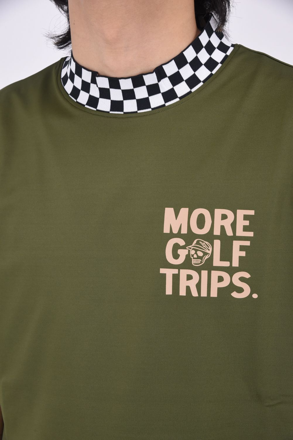 【25SS】 MORE TRIP CHECKER RIB MOCK TEE / モアトリップ プリント モックネック (オリーブ)