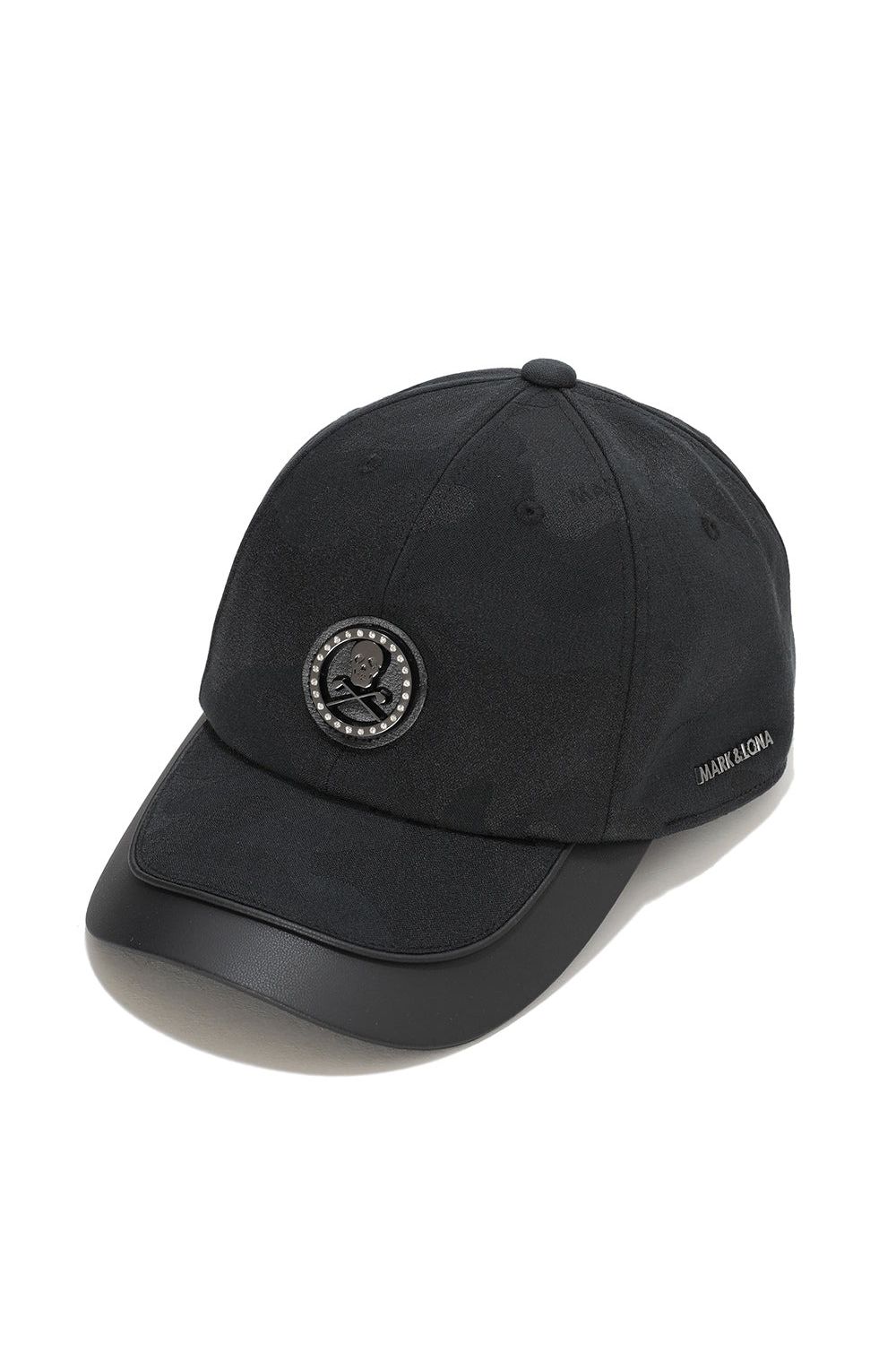【26SS】 GAUGE CAMO LEATHER TRIM CAP / カモフラージュパターン 異素材切り替え メタルプレート ベースボールキャップ (ブラック)