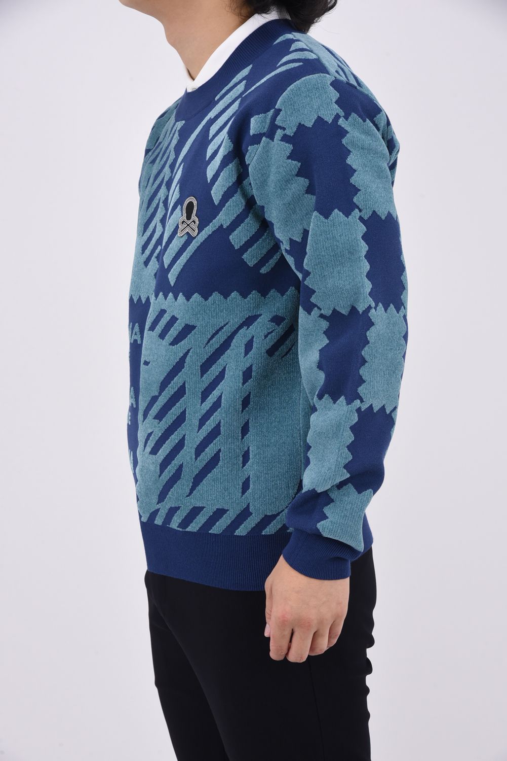 MARK&LONA - 【24AW】 M.C.D CHENILLE CREW KNIT / ブロックパターン クルーネック ジャガードニット  (ブルー) | GOSSIP GOLF