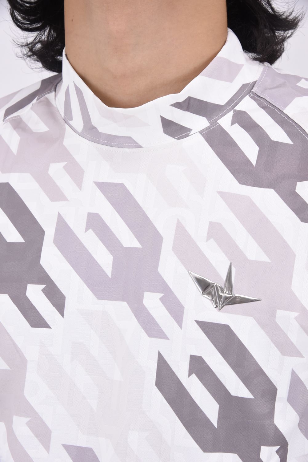 MOCK HOUNDSTOOTH / 千鳥格子柄 ロングスリーブ モックネックTシャツ (ホワイト)