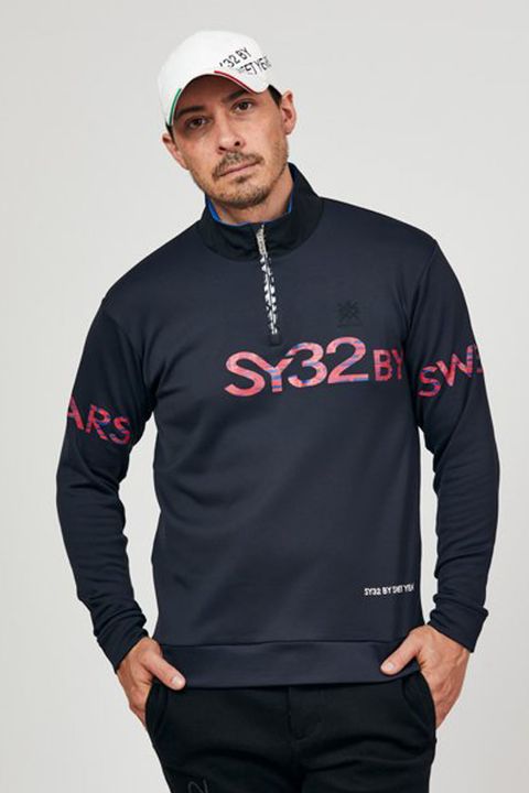 ZIP UP LIGHT STRETCH MILANO SHIRTS / ロゴ ミラノデザイン ハーフZIPシャツ ネイビー*
