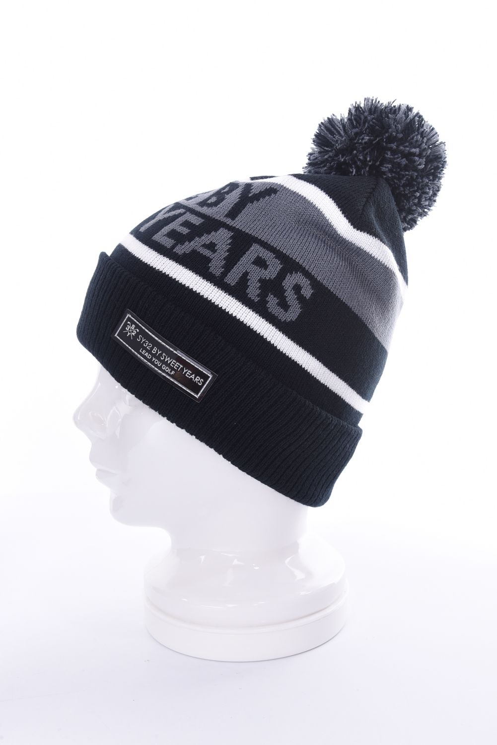 SY BONBON KNIT CAP / ジャカードロゴ ボンボン付き ニットキャップ ブラック*