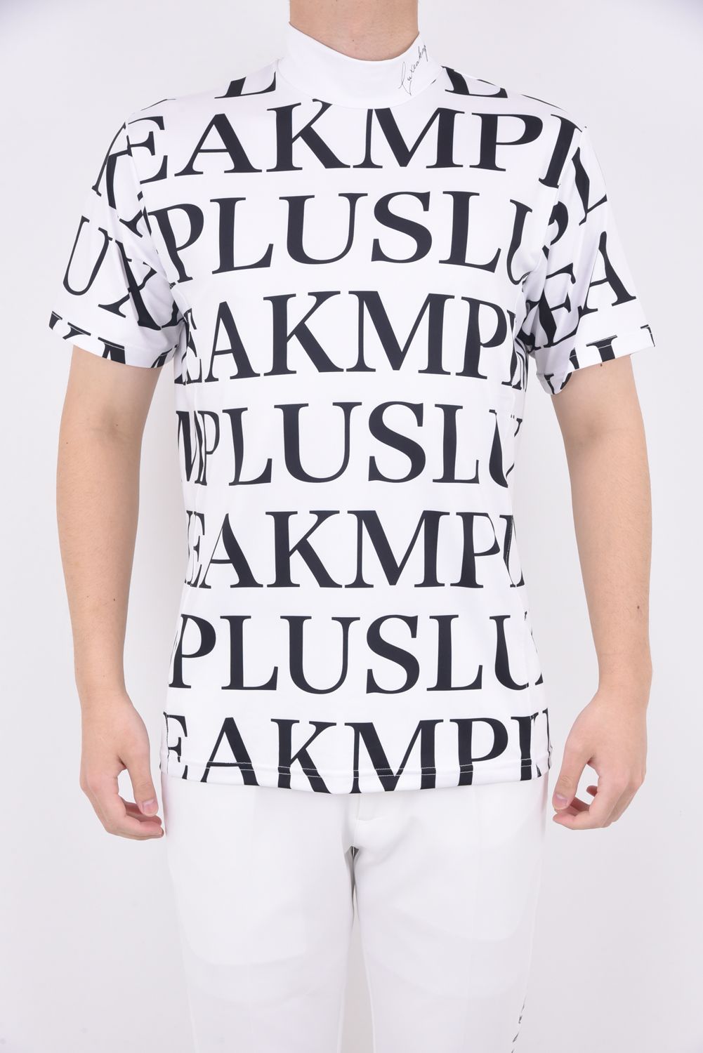 HORIZONTAL PATTERN MOCK NECK T-SHIRTS / 総柄ロゴ モックネック 半袖Tシャツ (ホワイト)