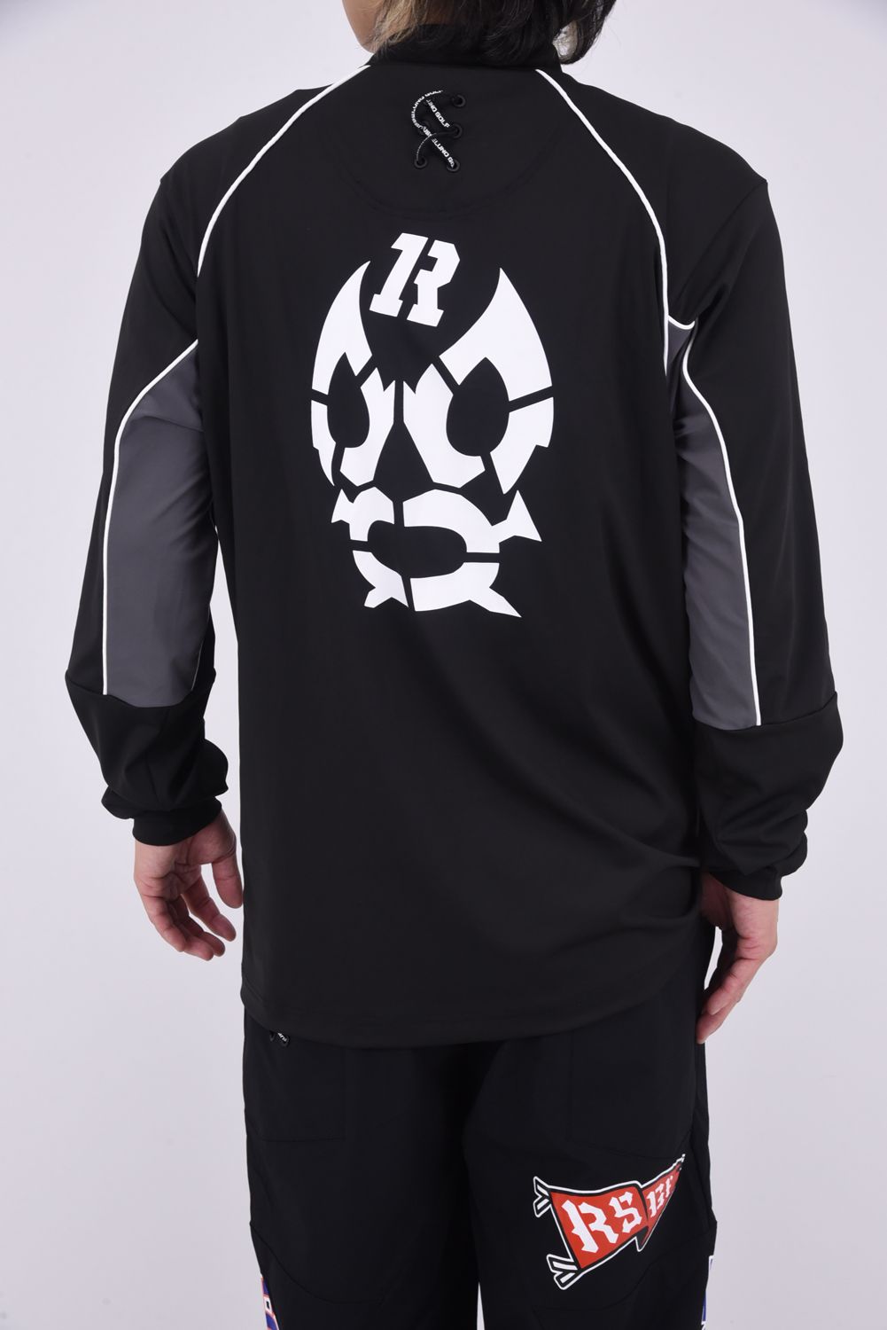 L/S MOCKNECK / BIG LUCHAグラフィックプリント パイピングライン ロングスリーブ モックネック (ブラック)